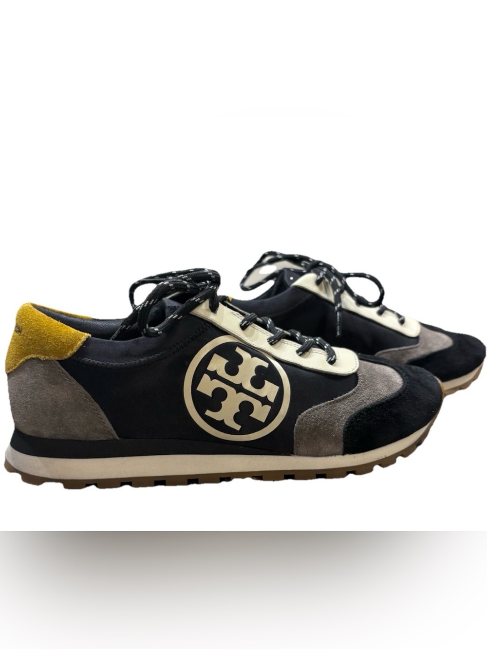 Tory Burch Retro Sneaker Size 9 BlackSuede Nylon Logo Trainer New Without Box
